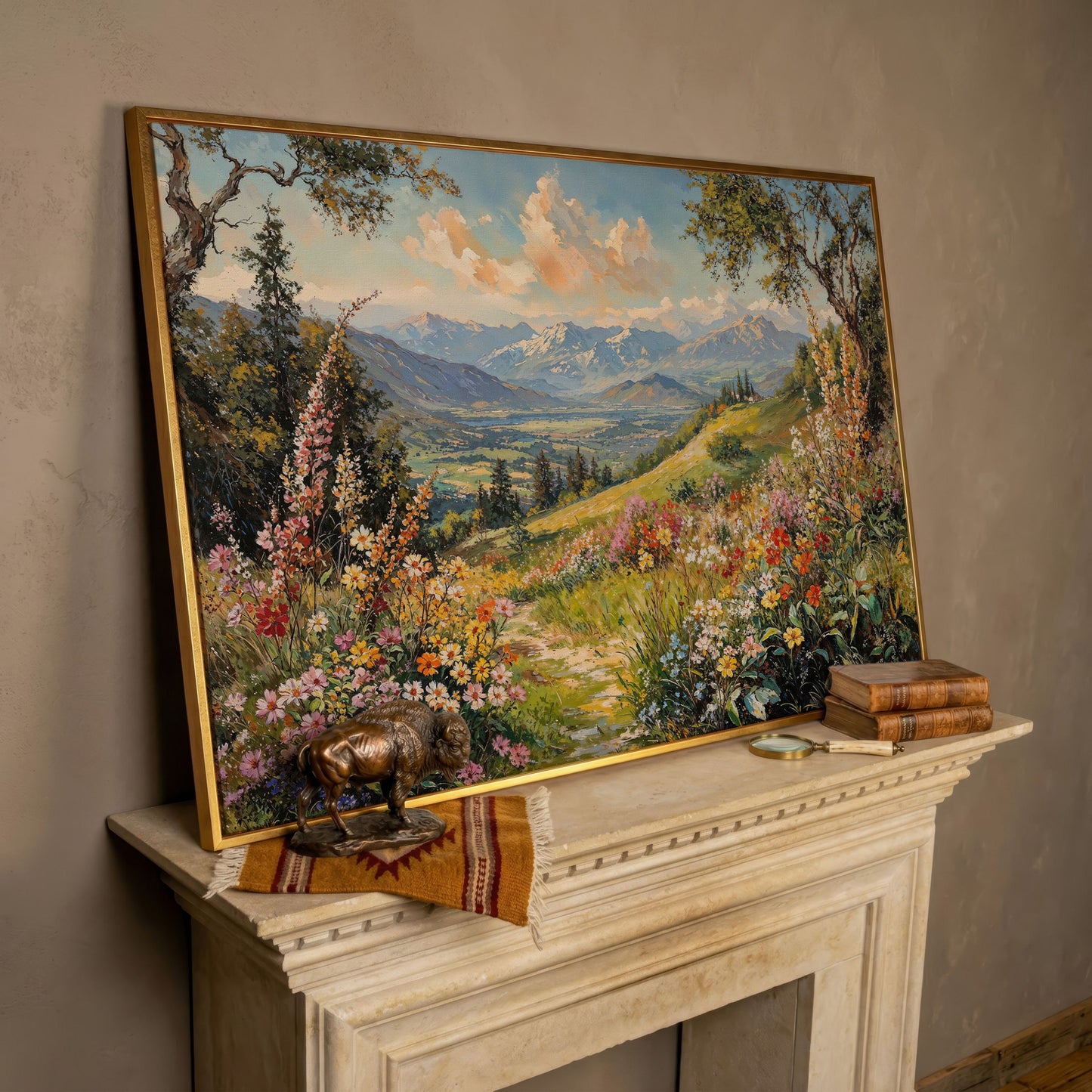 Serene Mountain Meadow Canvas in rose gold floating frame