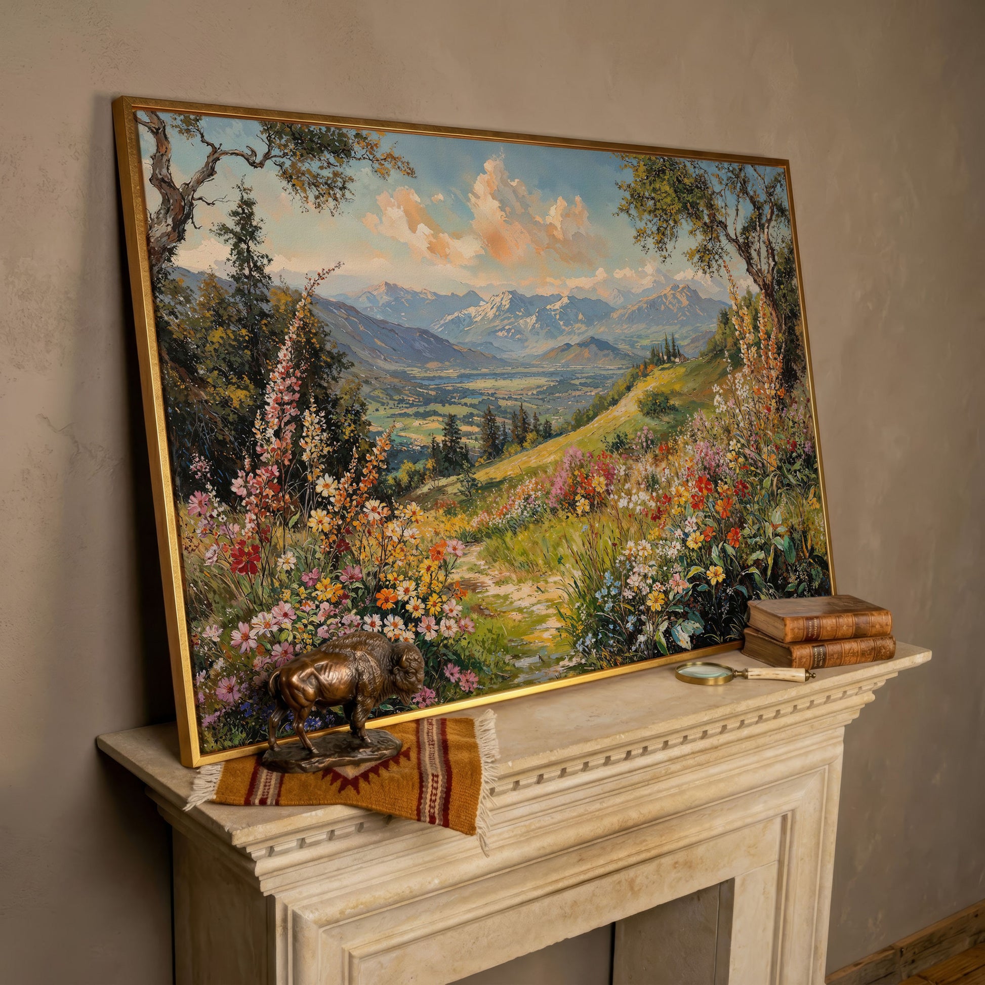 Serene Mountain Meadow Canvas in rose gold floating frame