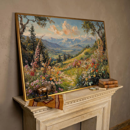 Serene Mountain Meadow Canvas in rose gold floating frame