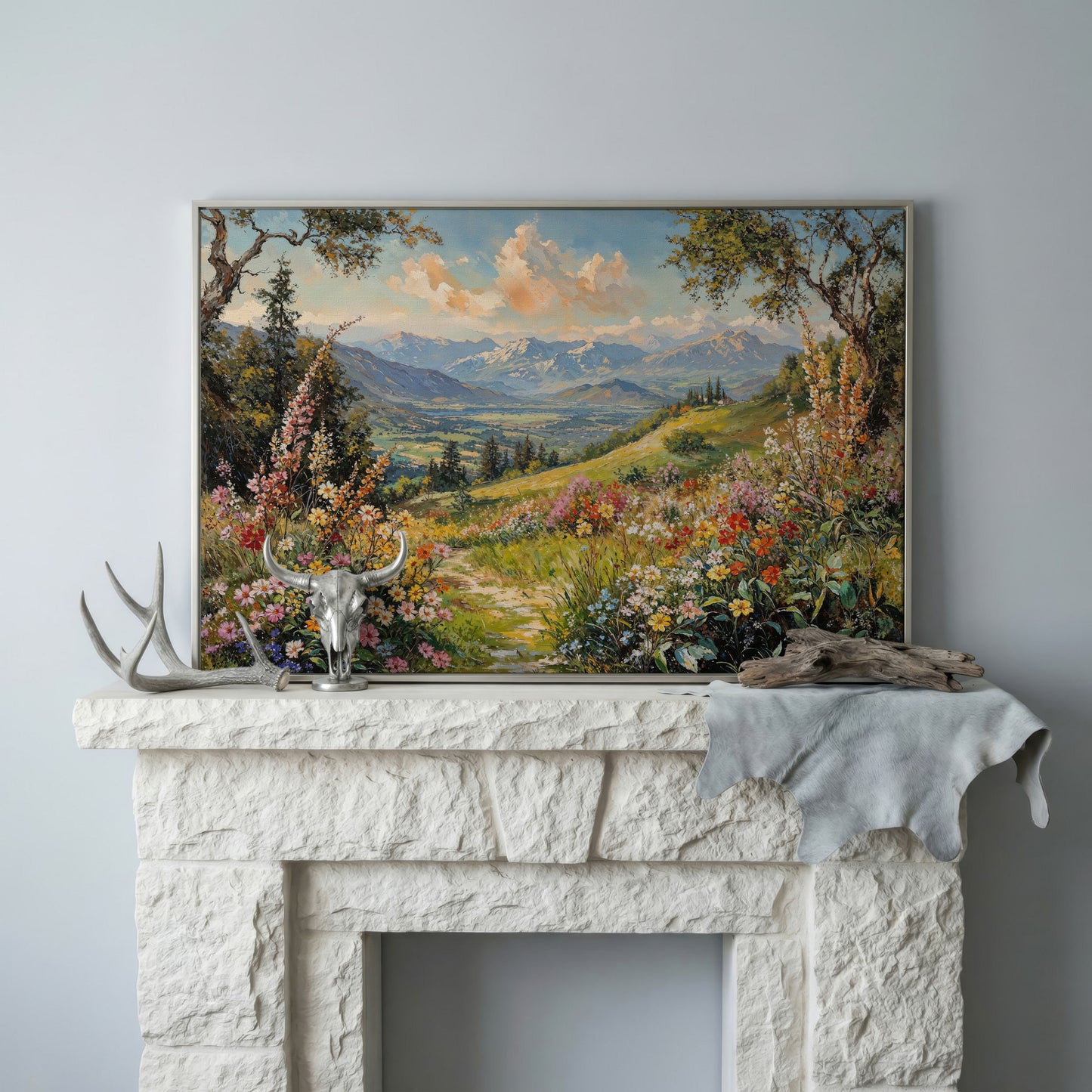 Serene Mountain Meadow Canvas in silver floating frame