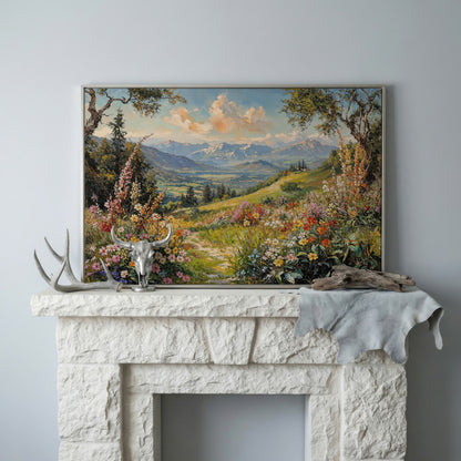 Serene Mountain Meadow Canvas in silver floating frame