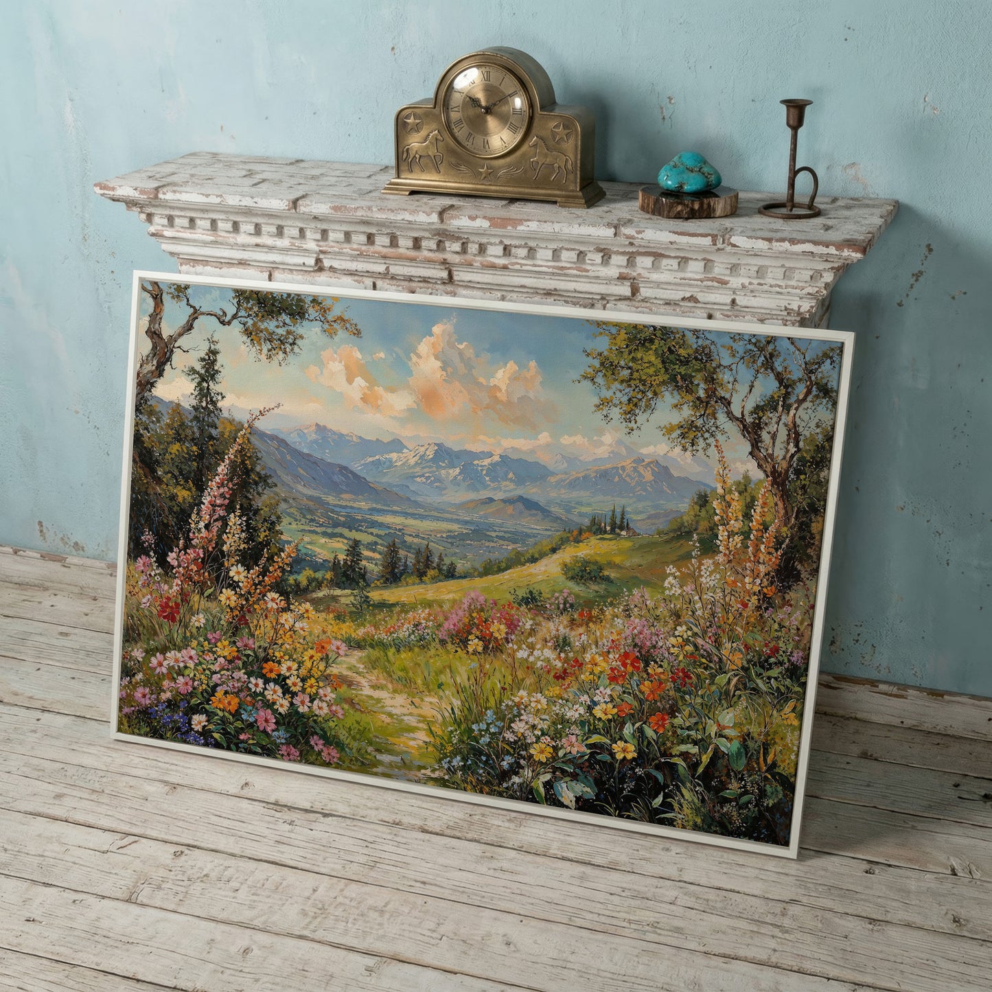 Serene Mountain Meadow Canvas in white floating frame