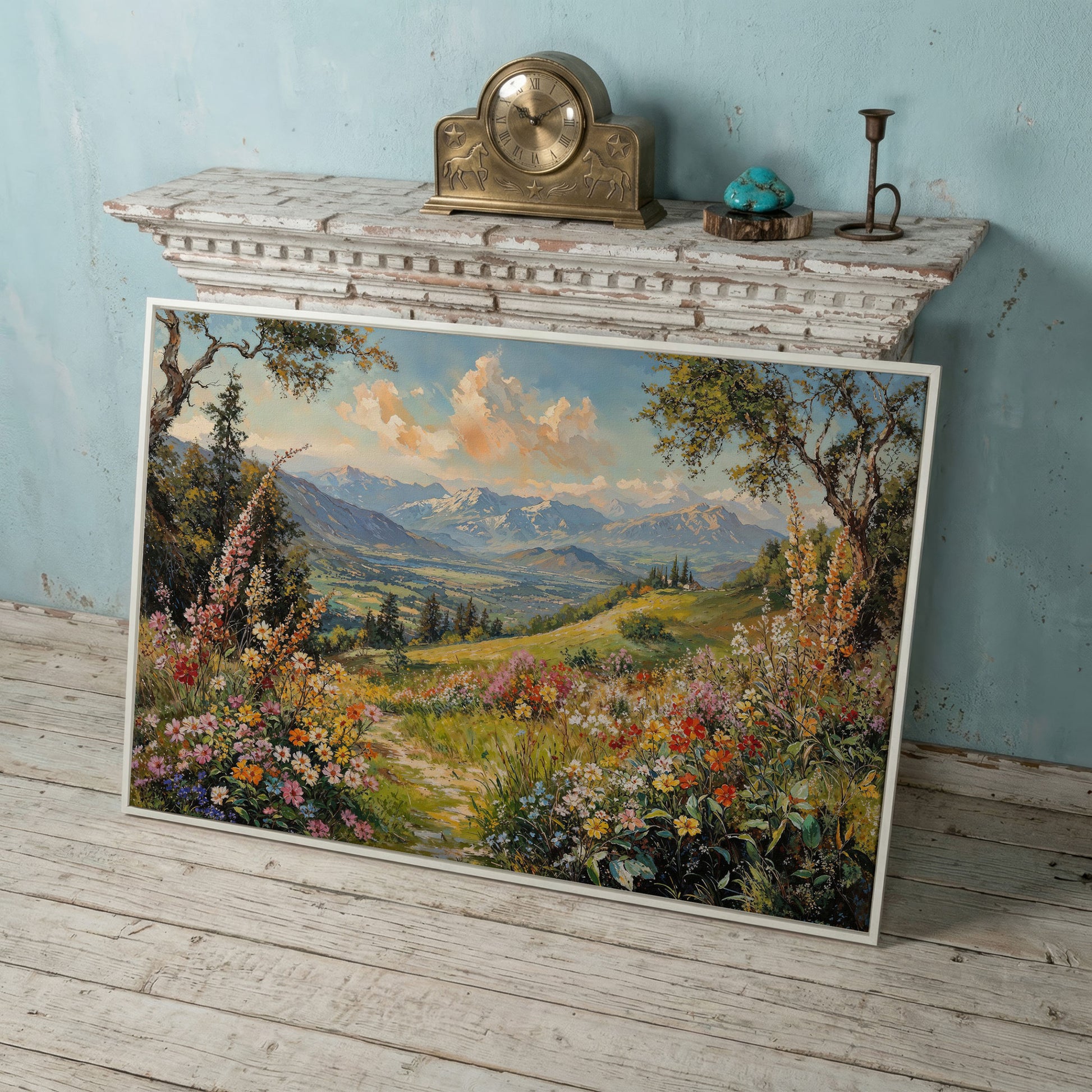 Serene Mountain Meadow Canvas in white floating frame