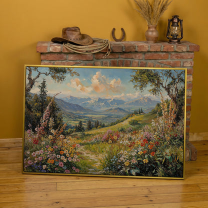 Serene Mountain Meadow Canvas in yellow gold floating frame