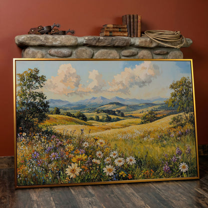 Summer Landscape with Wildflower Meadow and Mountains canvas in antique gold floating frame