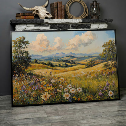 Summer Landscape with Wildflower Meadow and Mountains canvas in black floating frame