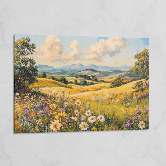 Summer Landscape with Wildflower Meadow and Mountains on gallery wrap canvas