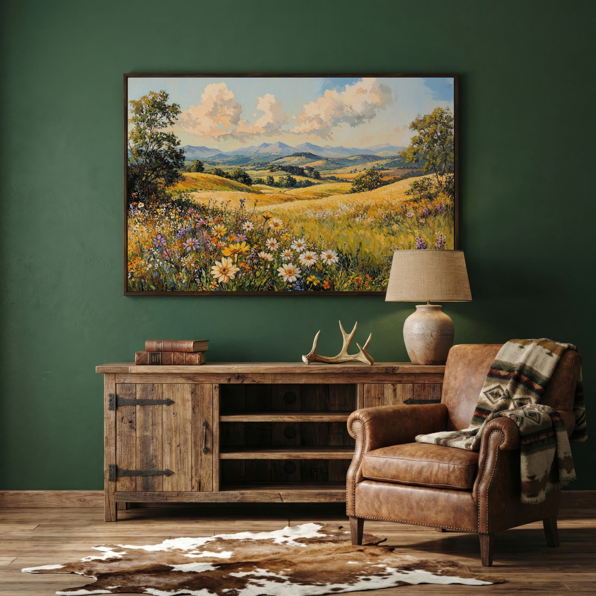 Summer Landscape with Wildflower Meadow and Mountains canvas in dark walnut floating frame