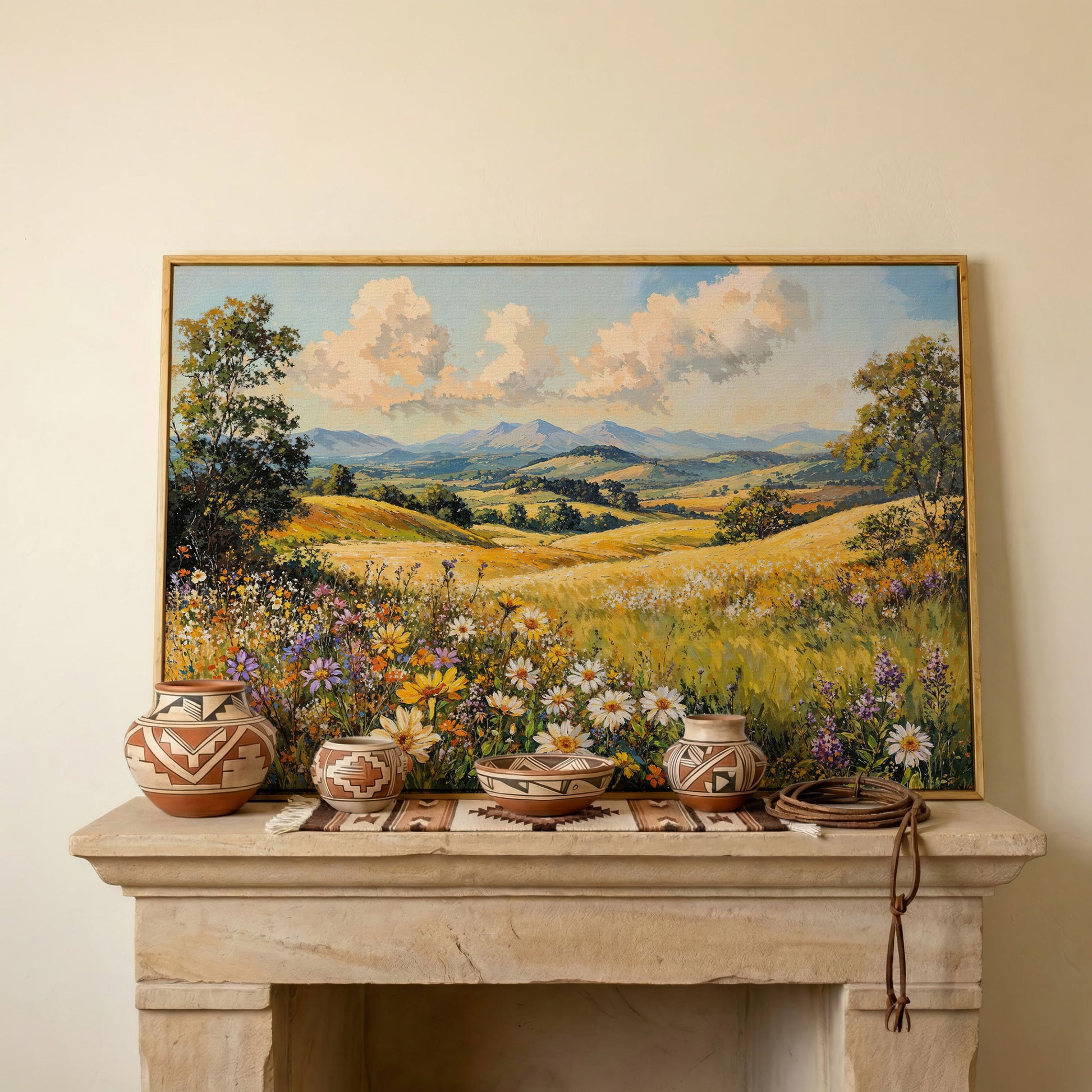 Summer Landscape with Wildflower Meadow and Mountains canvas in white oak floating frame