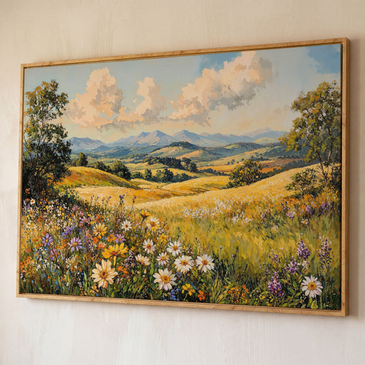 Summer Landscape with Wildflower Meadow and Mountains canvas shown in white oak floating frame