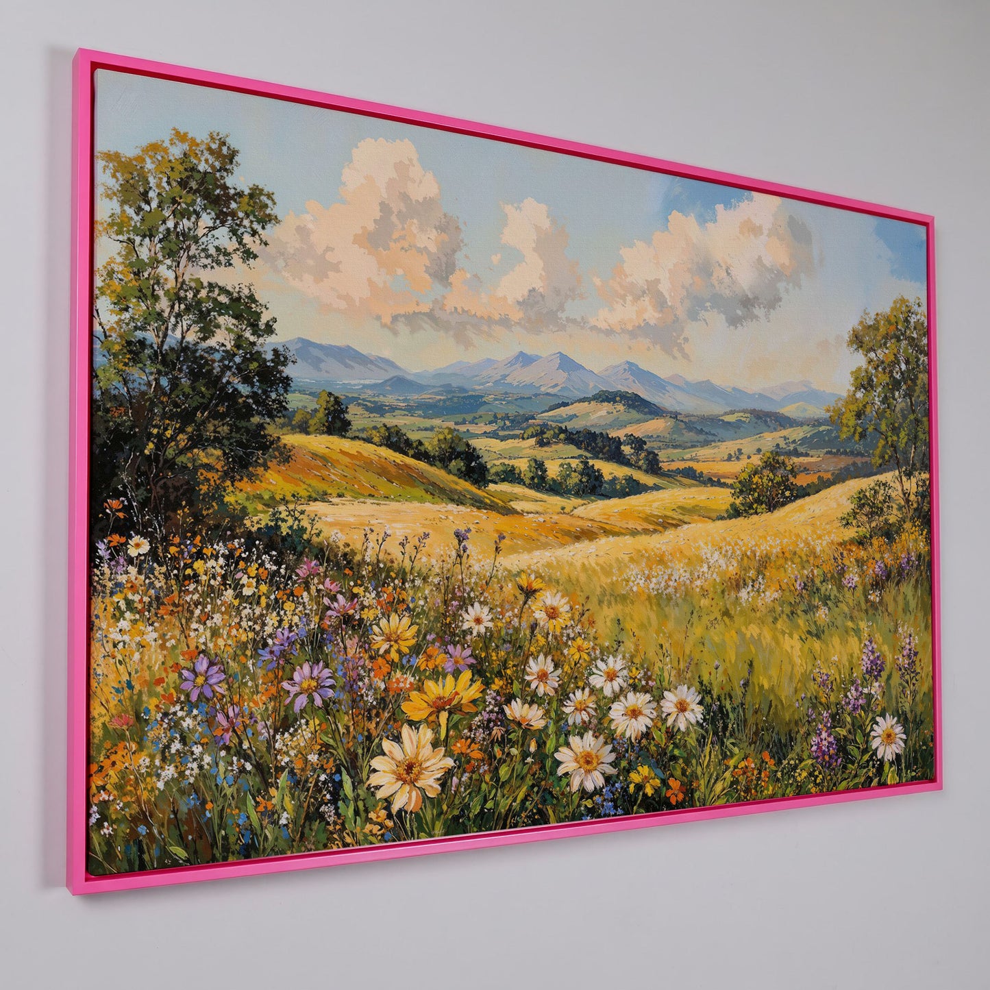 Summer Landscape with Wildflower Meadow and Mountains canvas in pink floating frame
