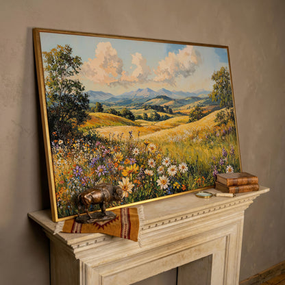 Summer Landscape with Wildflower Meadow and Mountains canvas in rose gold floating frame