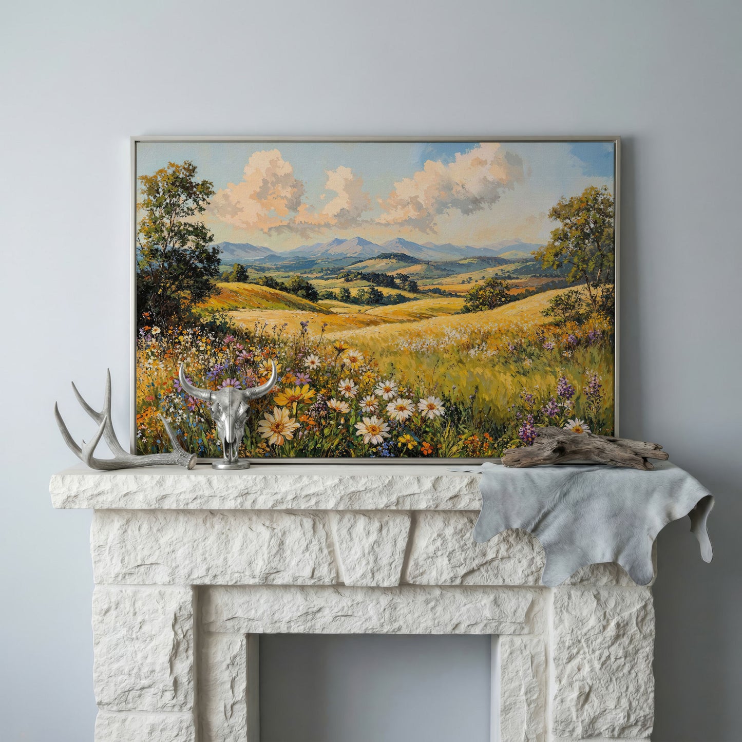 Summer Landscape with Wildflower Meadow and Mountains canvas in silver floating frame