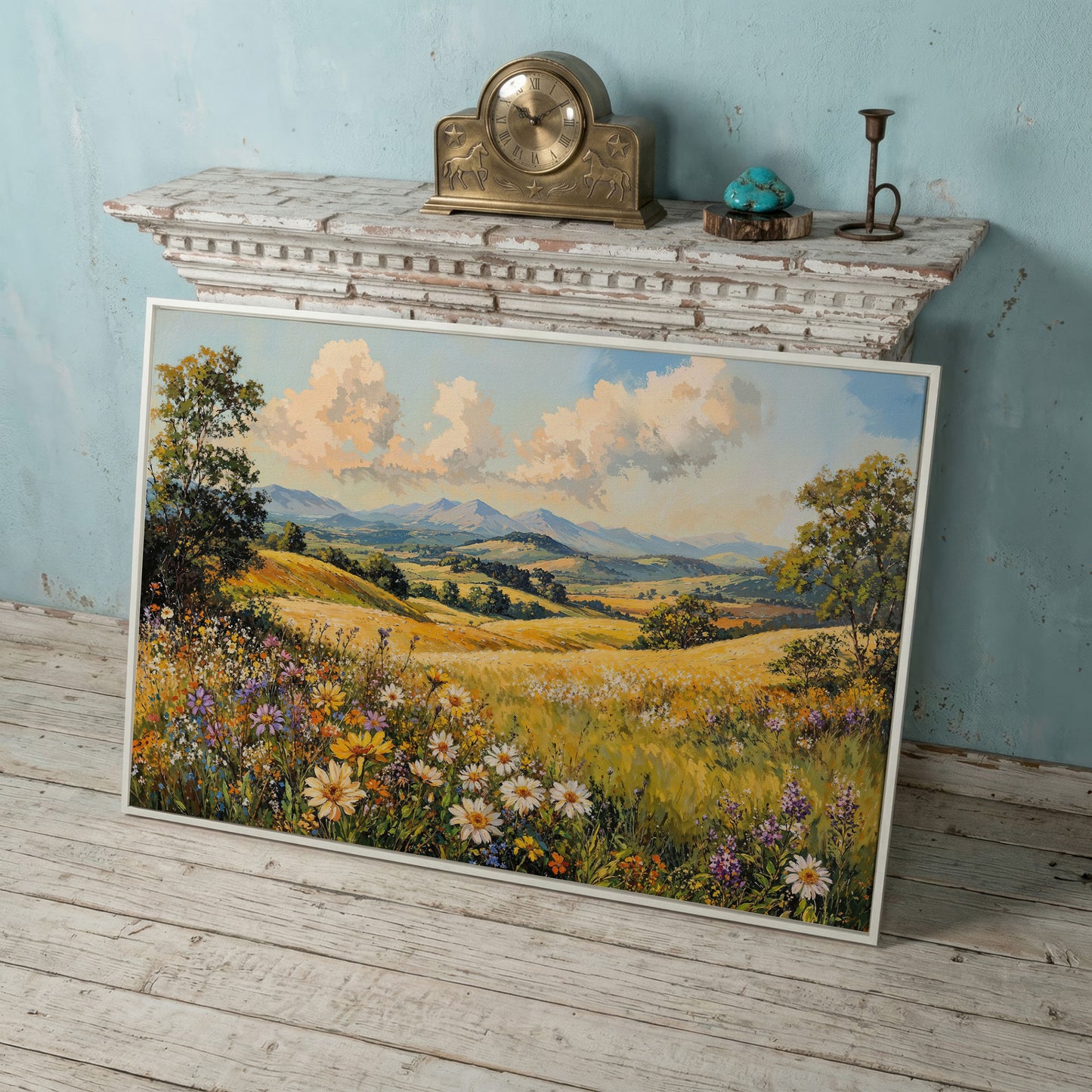 Summer Landscape with Wildflower Meadow and Mountains canvas in white floating frame