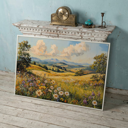 Summer Landscape with Wildflower Meadow and Mountains canvas in white floating frame
