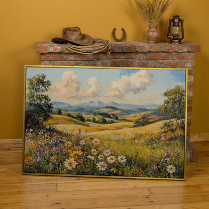 Summer Landscape with Wildflower Meadow and Mountains canvas in yellow gold floating frame