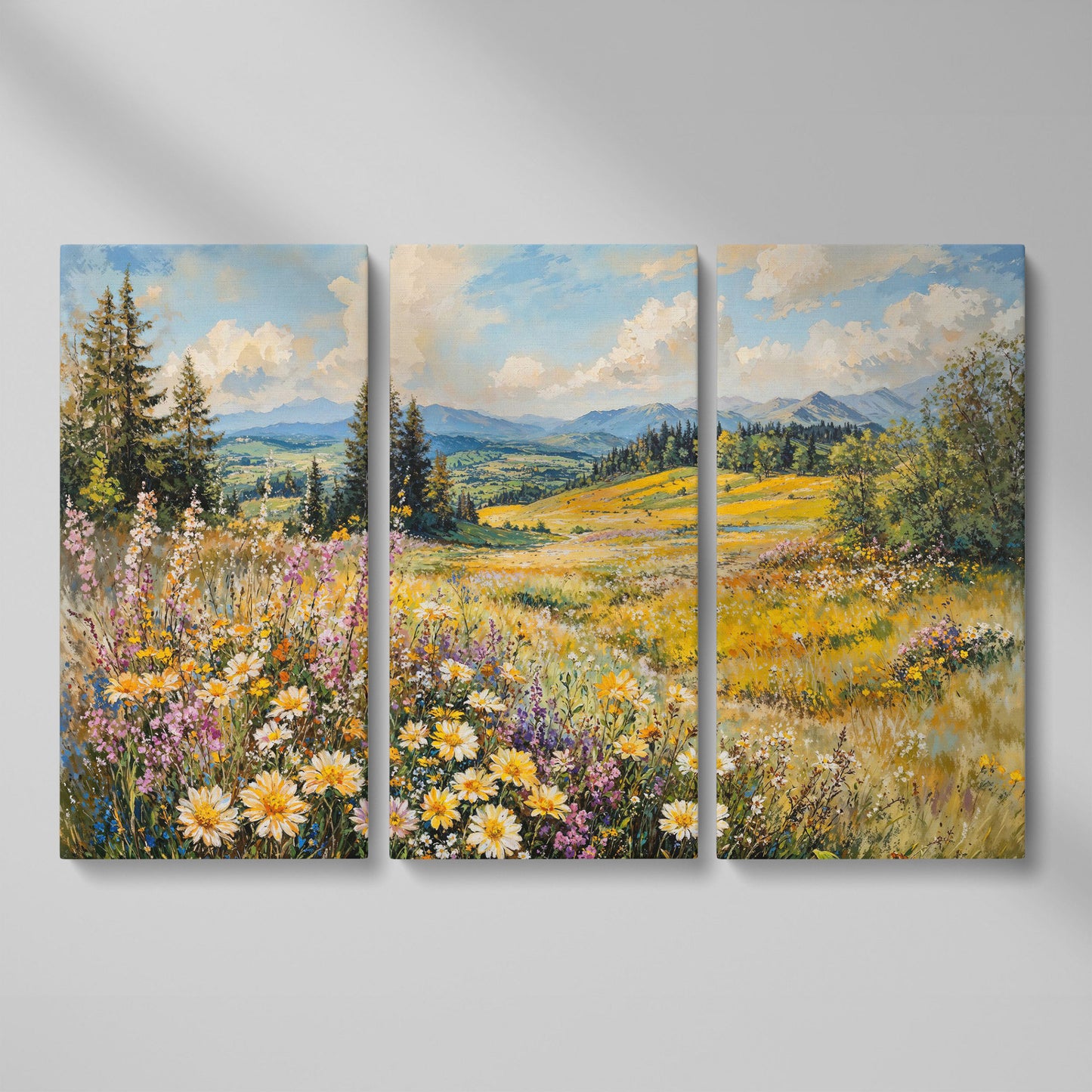 Wildflower Meadow with Mountain Landscape Canvas as 3-panel split version