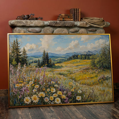 Wildflower Meadow with Mountain Landscape Canvas in antique gold floating frame
