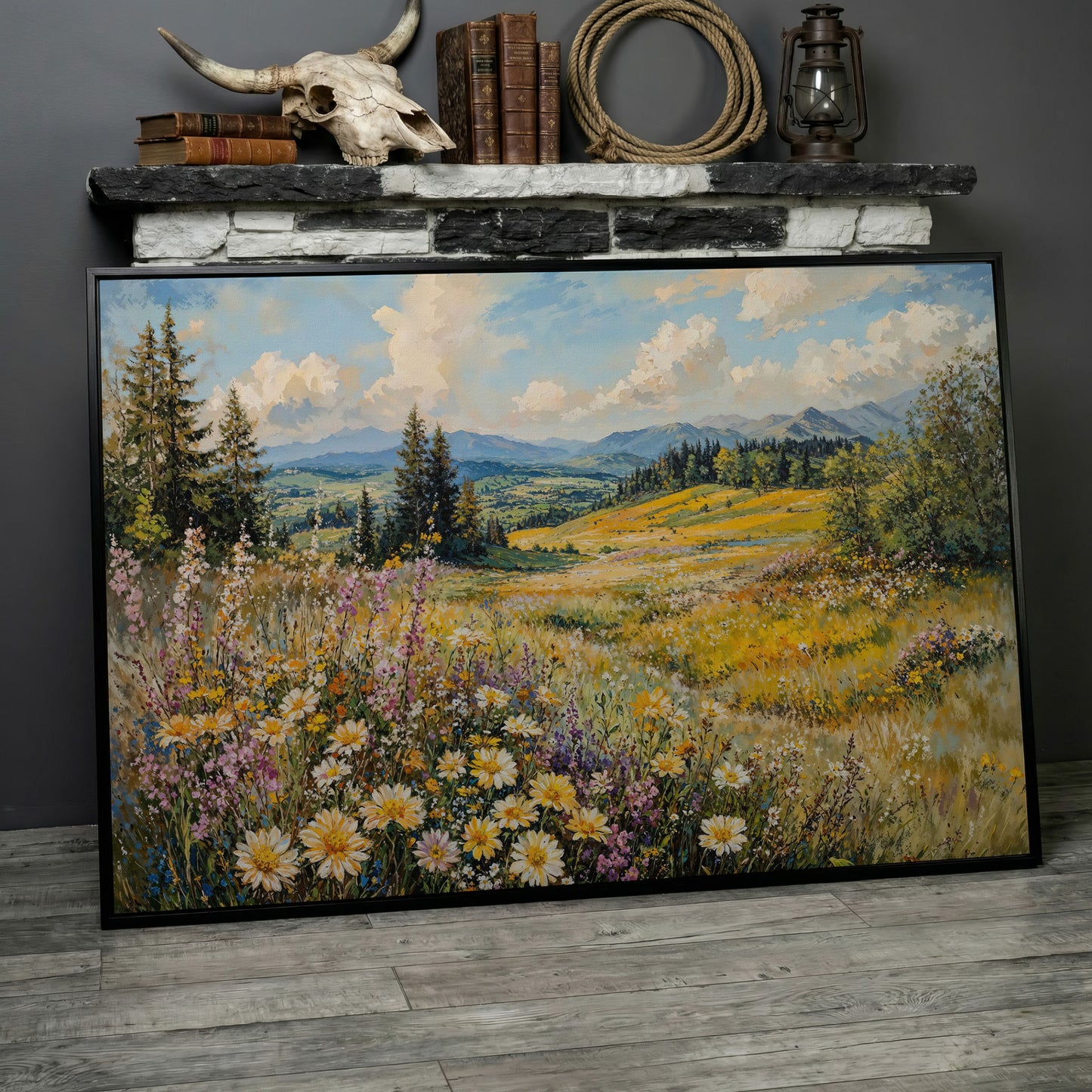 Wildflower Meadow with Mountain Landscape Canvas in black floating frame