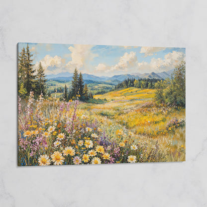 Wildflower Meadow with Mountain Landscape Canvas on gallery wrap