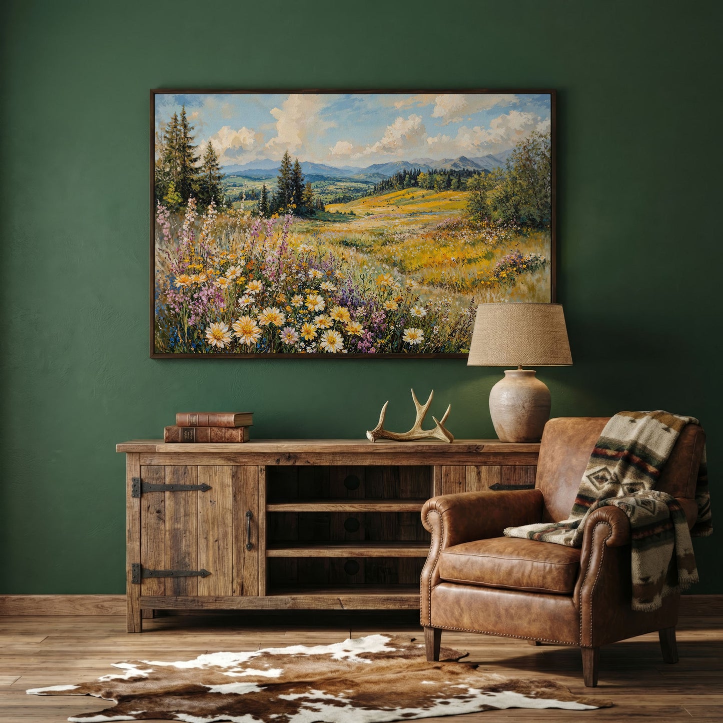 Wildflower Meadow with Mountain Landscape Canvas in dark walnut floating frame