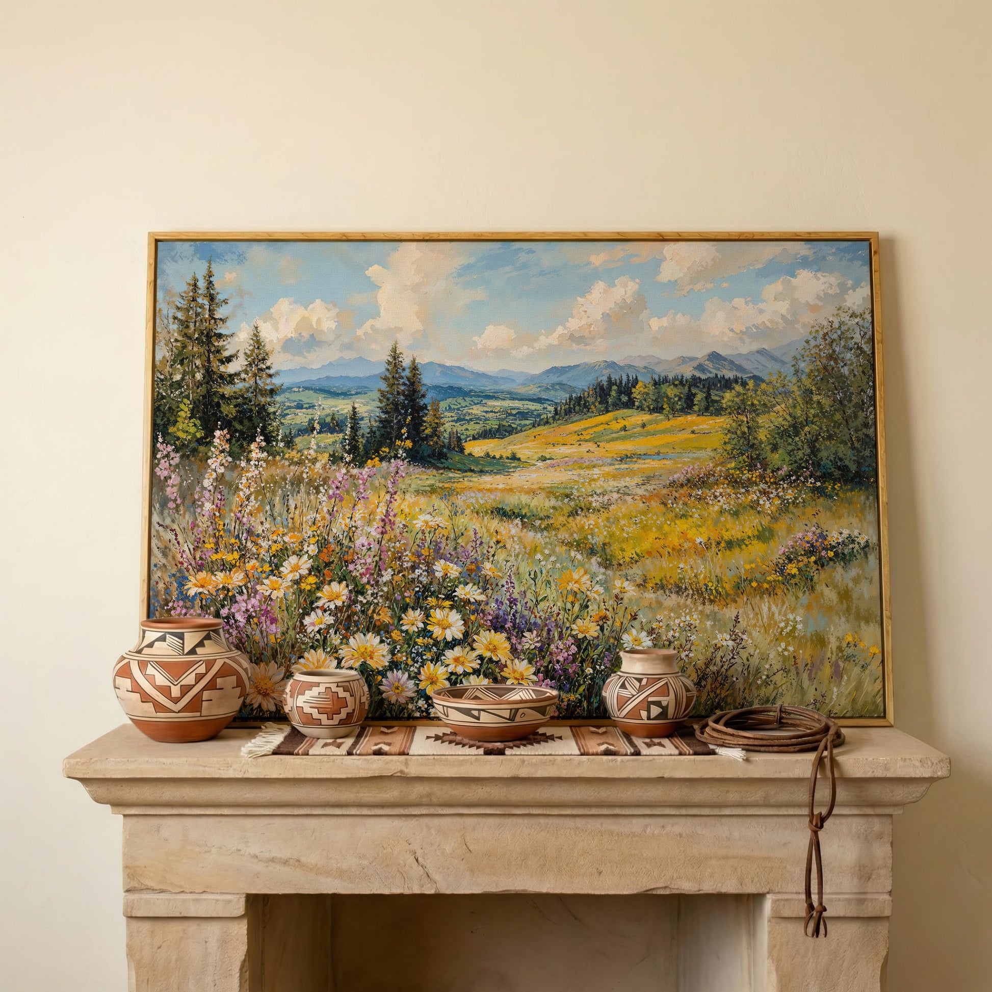 Wildflower Meadow with Mountain Landscape Canvas in white oak floating frame