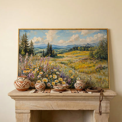 Wildflower Meadow with Mountain Landscape Canvas in white oak floating frame