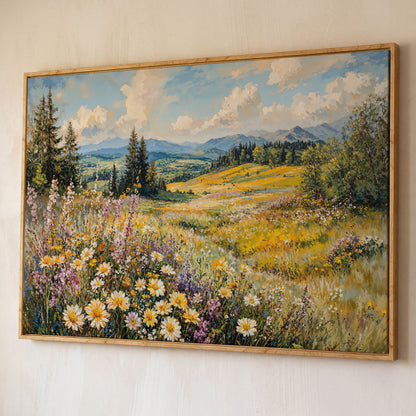 Wildflower Meadow with Mountain Landscape Canvas shown in white oak floating frame