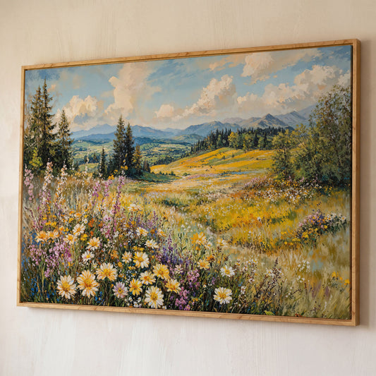 Wildflower Meadow with Mountain Landscape Canvas shown in white oak floating frame