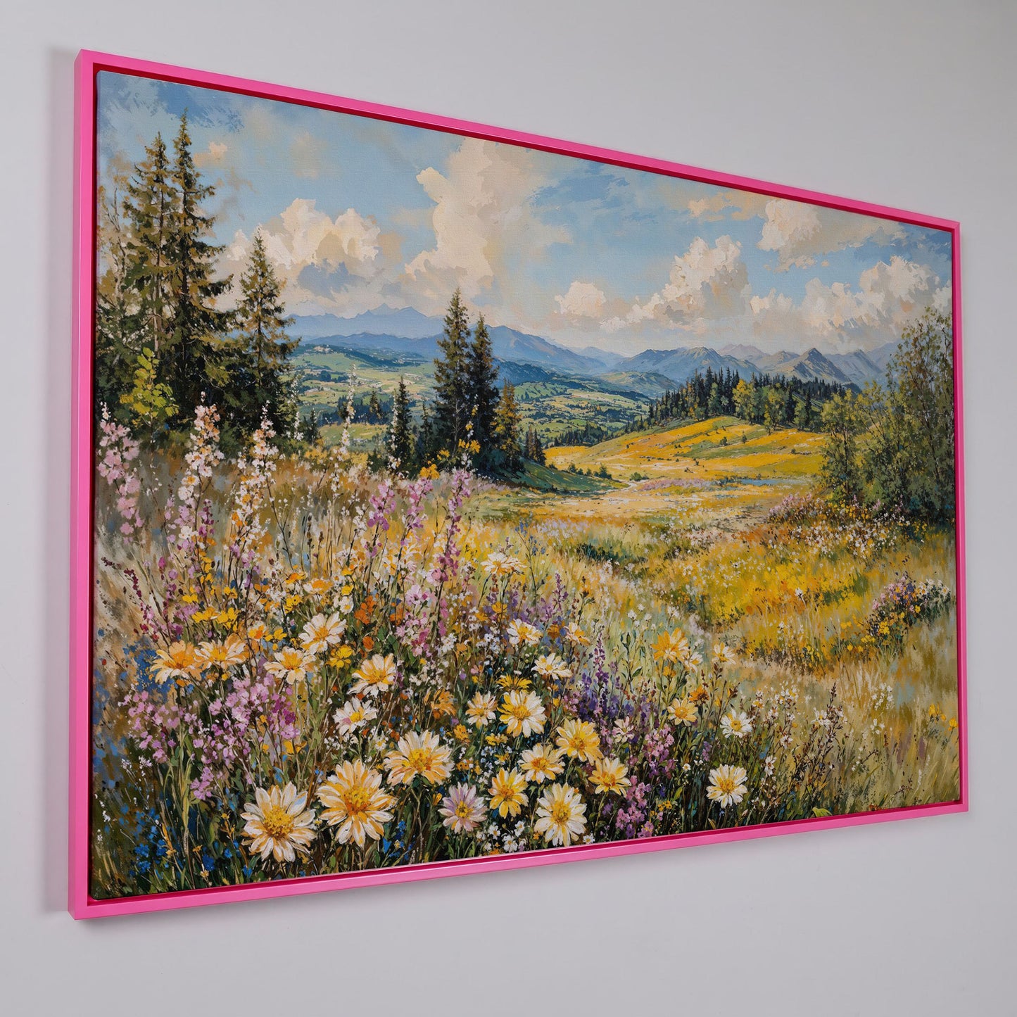 Wildflower Meadow with Mountain Landscape Canvas in pink floating frame
