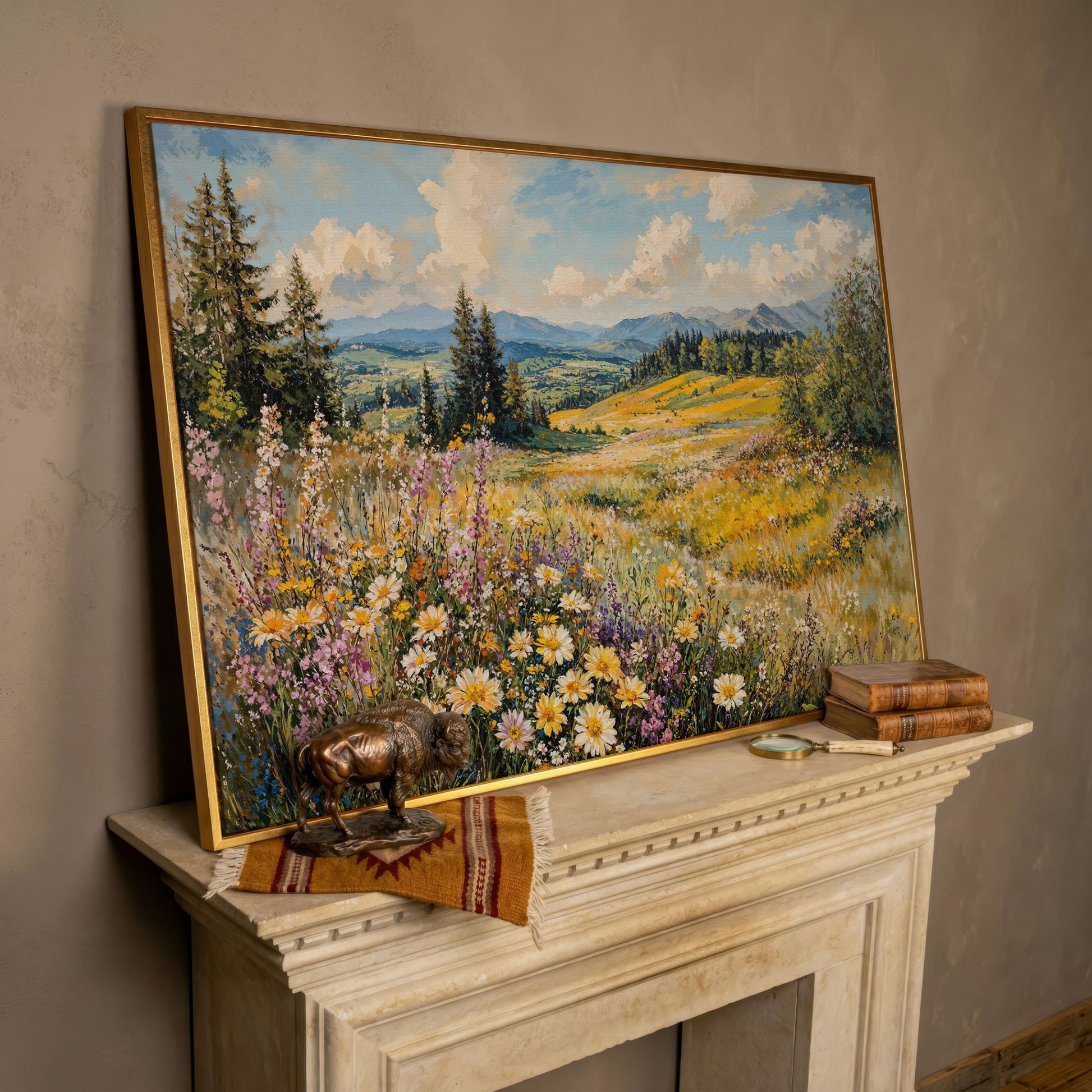 Wildflower Meadow with Mountain Landscape Canvas in rose gold floating frame