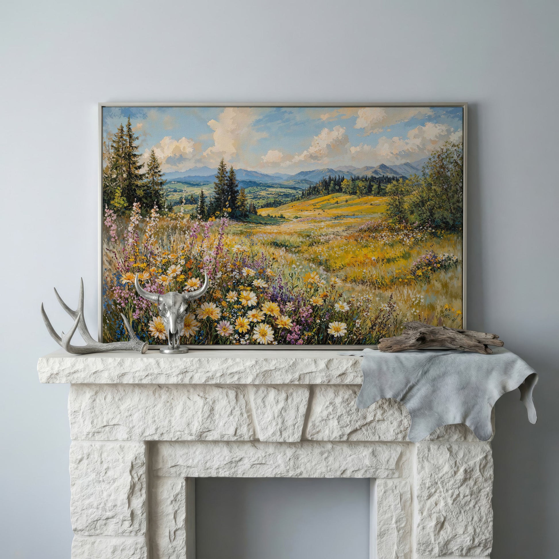 Wildflower Meadow with Mountain Landscape Canvas in silver floating frame