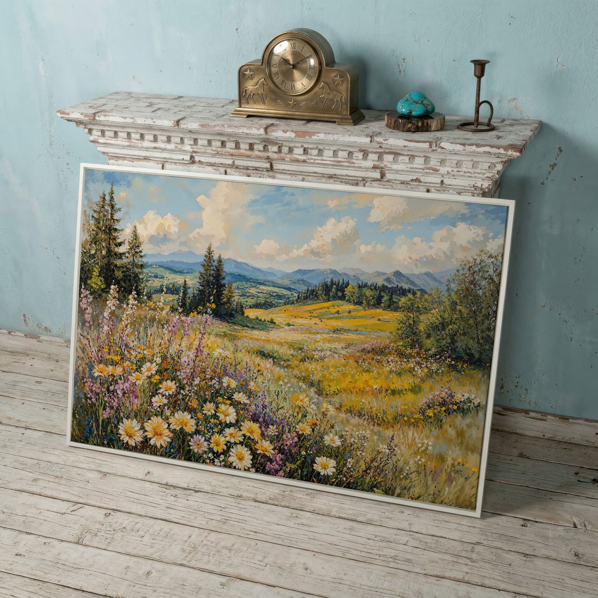 Wildflower Meadow with Mountain Landscape Canvas in white floating frame