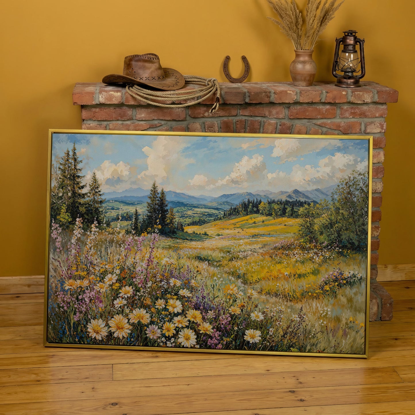 Wildflower Meadow with Mountain Landscape Canvas in yellow gold floating frame