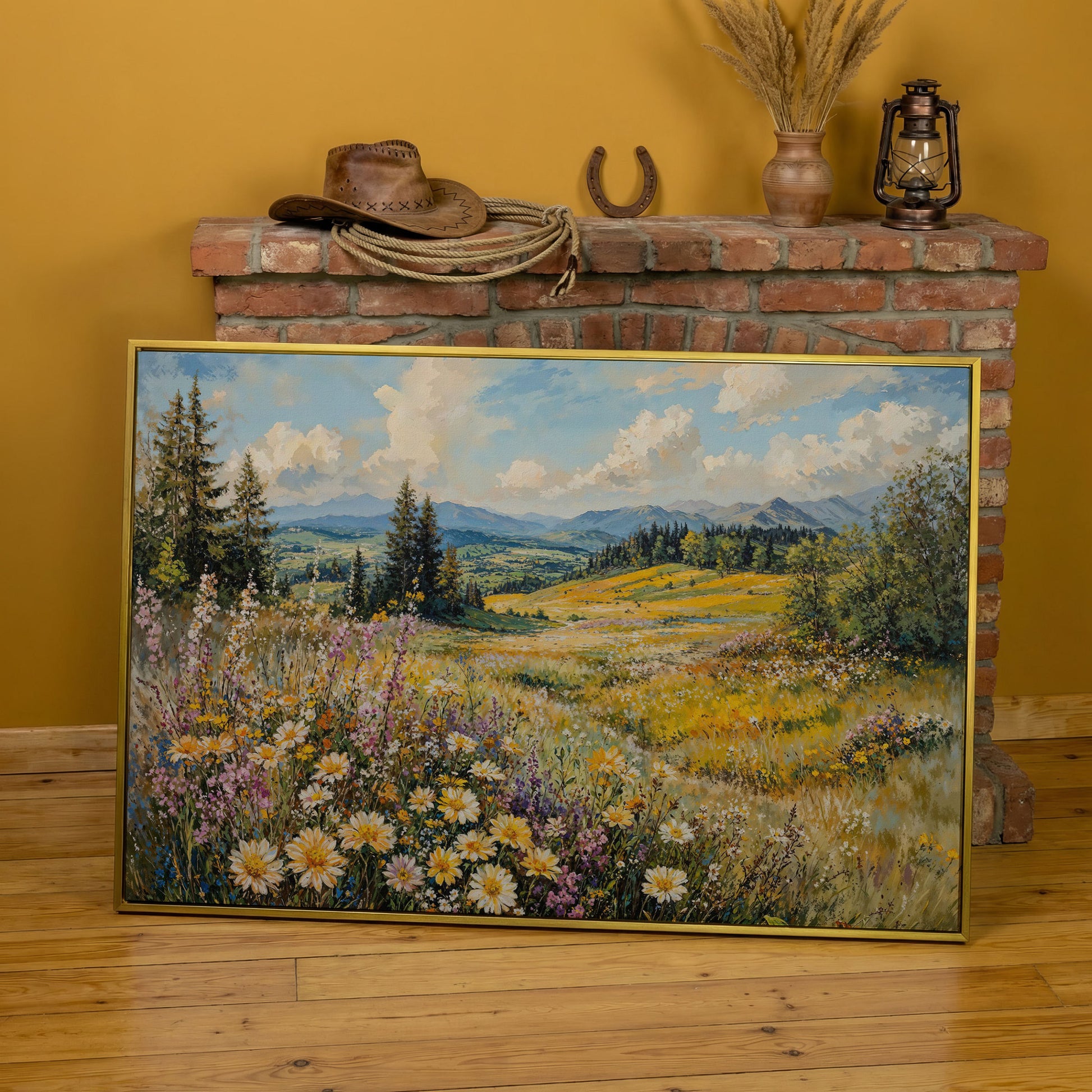 Wildflower Meadow with Mountain Landscape Canvas in yellow gold floating frame