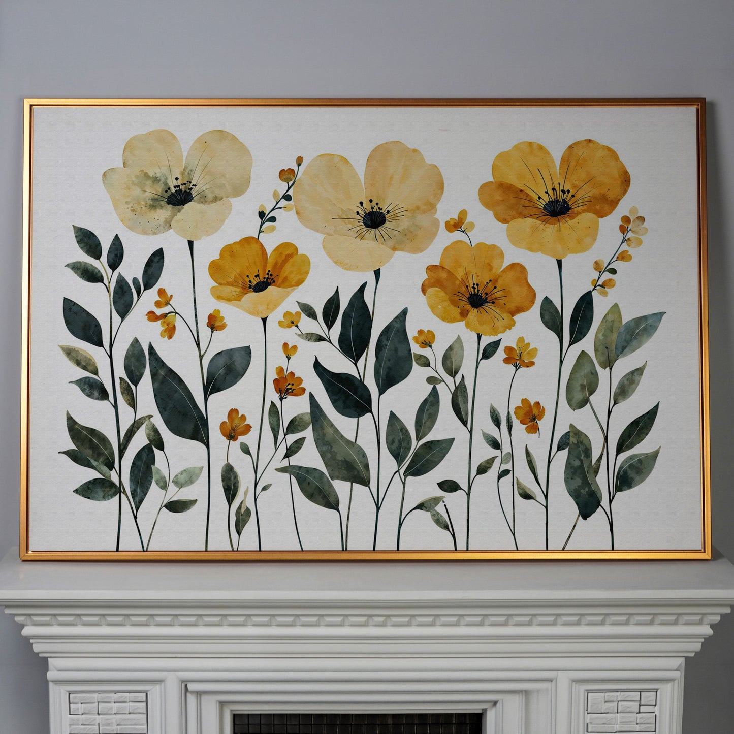 Yellow Boho Floral Canvas Print in antique gold floating frame