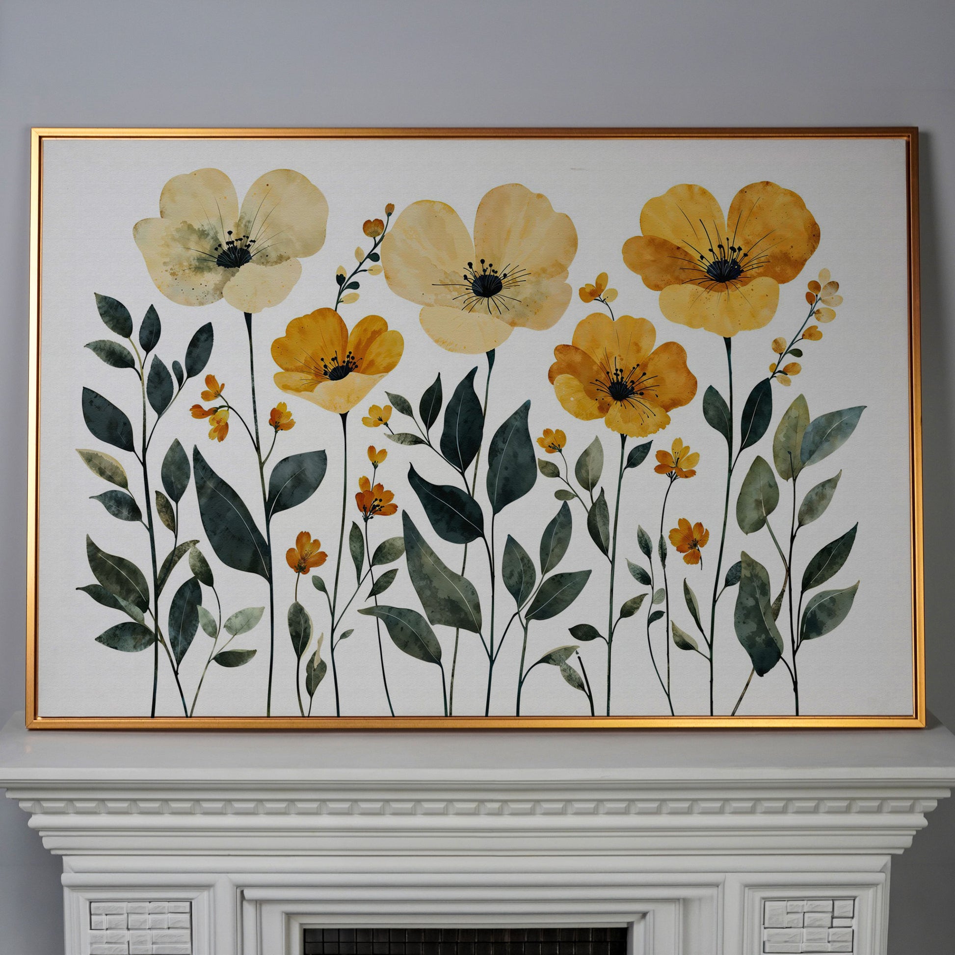 Yellow Boho Floral Canvas Print in antique gold floating frame