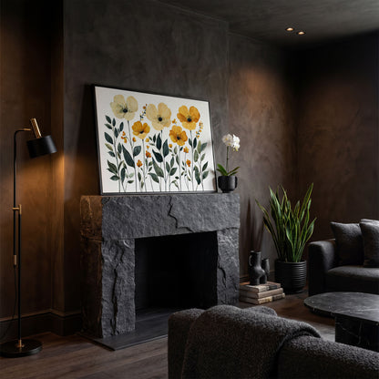 Yellow Boho Floral Canvas Print in black floating frame