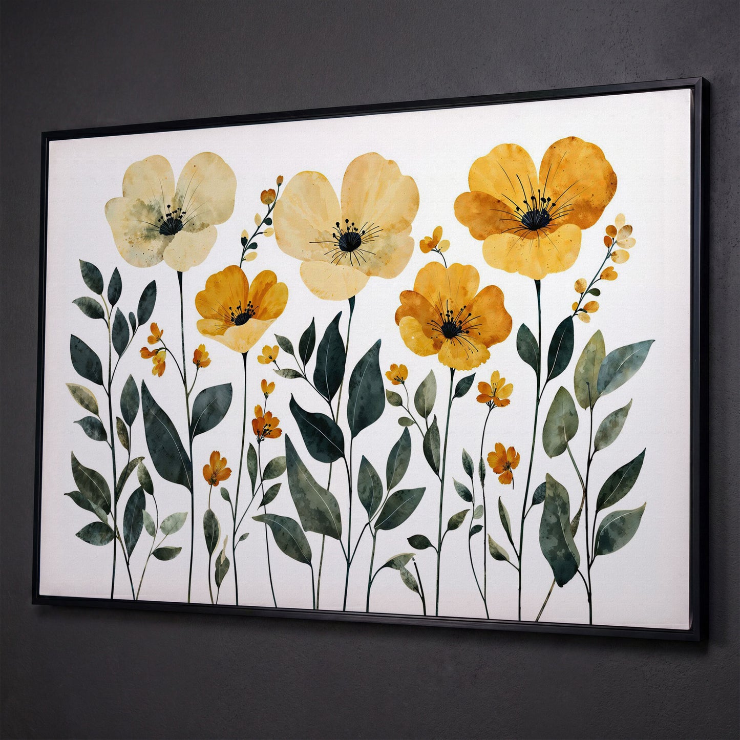 Yellow Boho Floral Canvas Print shown in black floating frame