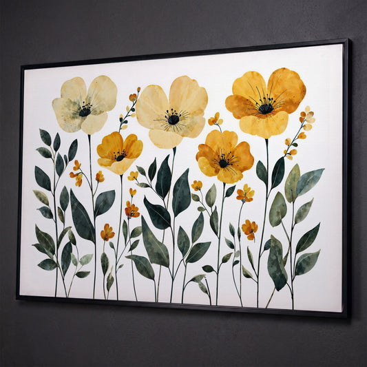 Yellow Boho Floral Canvas Print shown in black floating frame