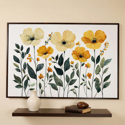 Yellow Boho Floral Canvas Print in dark walnut floating frame