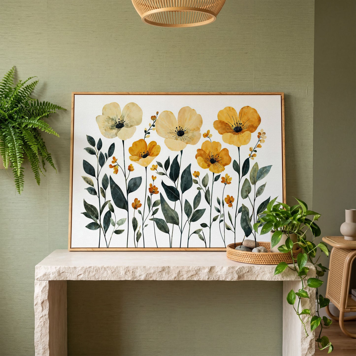 Yellow Boho Floral Canvas Print in white oak floating frame
