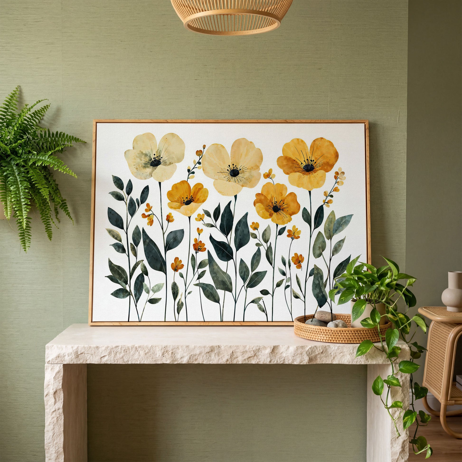 Yellow Boho Floral Canvas Print in white oak floating frame