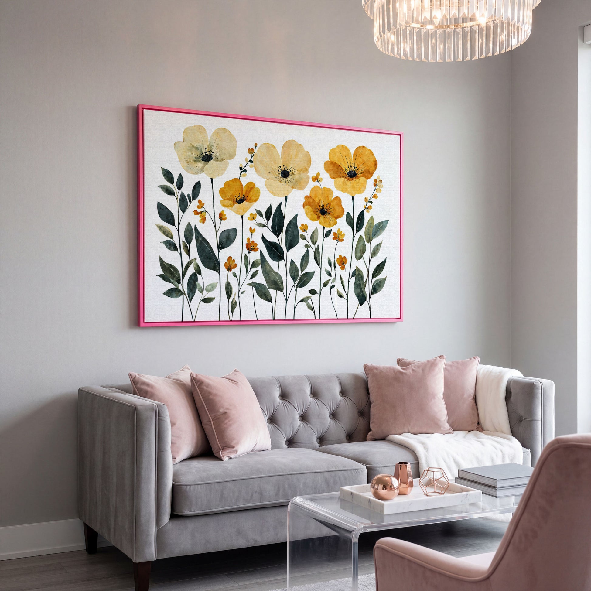 Yellow Boho Floral Canvas Print in pink floating frame