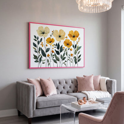 Yellow Boho Floral Canvas Print in pink floating frame