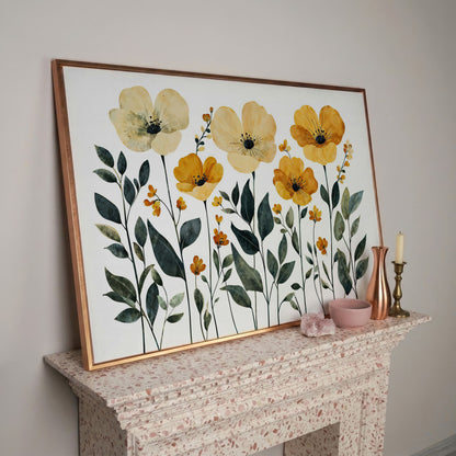 Yellow Boho Floral Canvas Print in rose gold floating frame