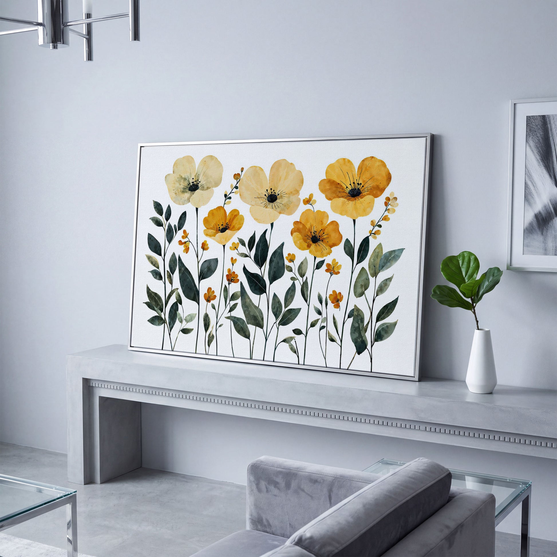 Yellow Boho Floral Canvas Print in silver floating frame