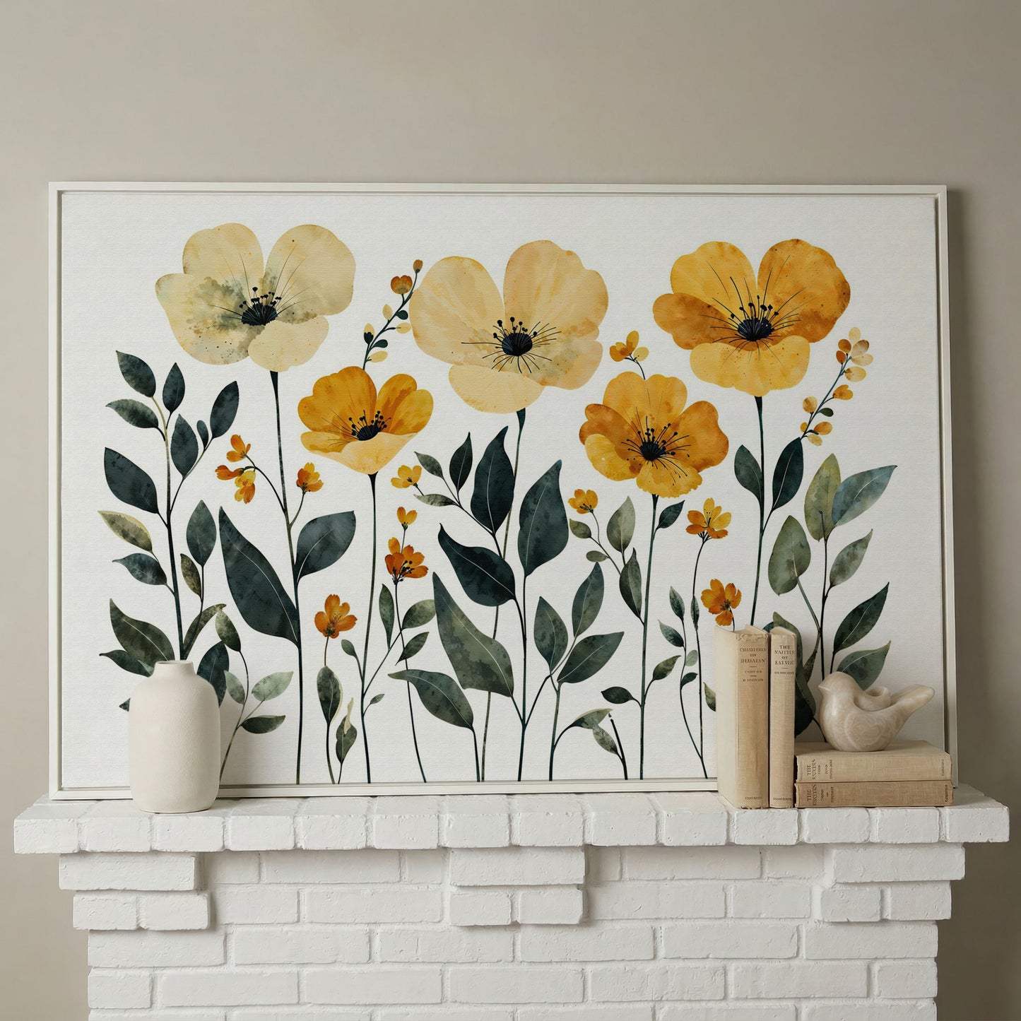 Yellow Boho Floral Canvas Print in white floating frame