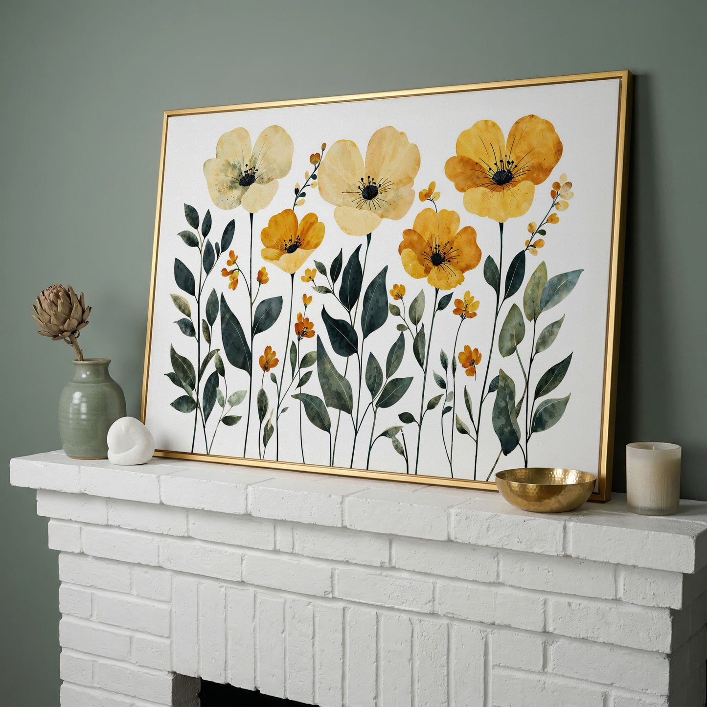 Yellow Boho Floral Canvas Print in yellow gold floating frame