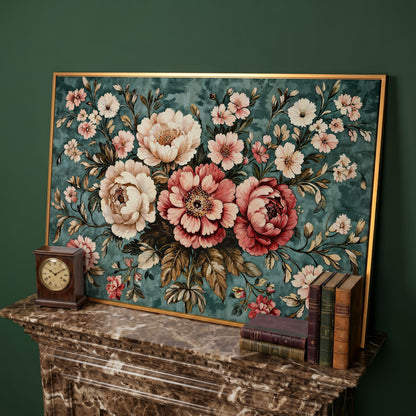 Pink Peonies on Teal Canvas Wall Art in antique gold floating frame
